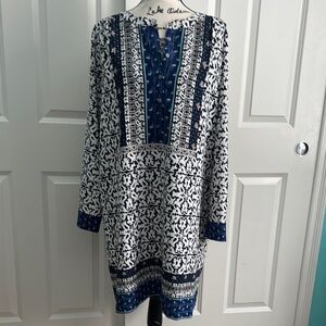 LOFT Blue and White Bishop Sleeve Sheath Midi Dress